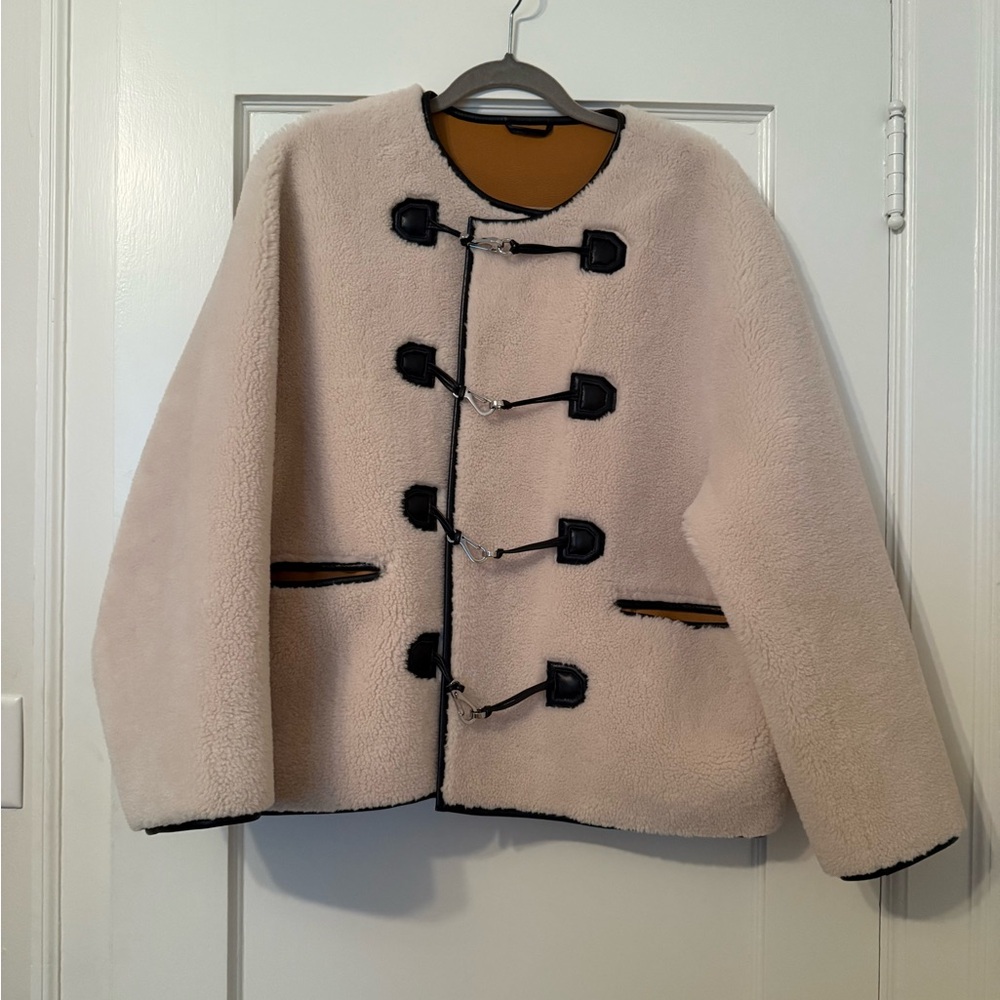 Cream Sherpa Toggle Coat with Black Leather Accents
